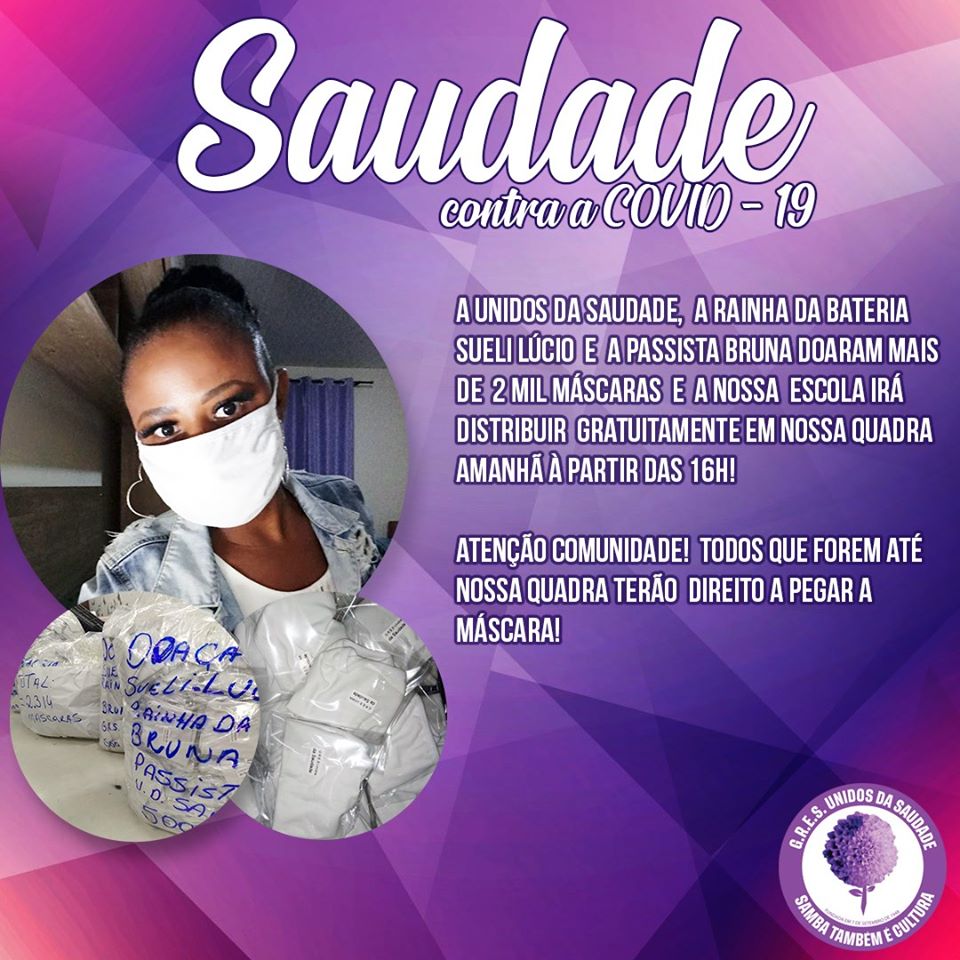 Unidos da Saudade realiza campanha de doação de máscaras