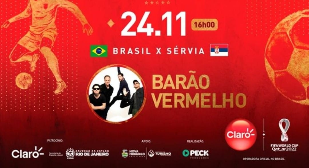 Copa do Mundo: Nova Friburgo terá programação para primeiro jogo do Brasil; Barão Vermelho agita pós-partida